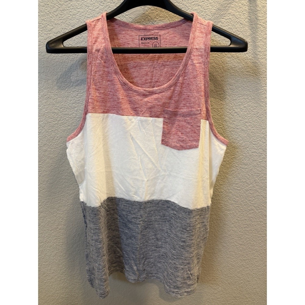 Express Mens Tank Top Large Tall LT Colorblock Pocket Sleeveless Red White Grey